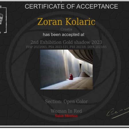 Nagrada ‘Salon Mention’ za fotografiju ‘Woman in red’ na foto salonu ‘2nd Exhibition Gold shadow 2023’